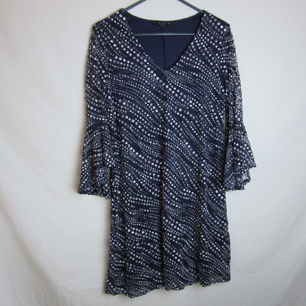 Tiana B. Dress Navy Blue Polka Dot V Neck Flowy Lace Midi Bell Sleeves Womens 12
